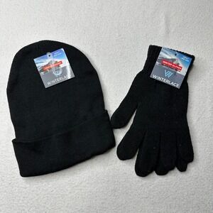 Winterlace Black Adult One Size Beanie Hat and Stretchy Magic Gloves Set